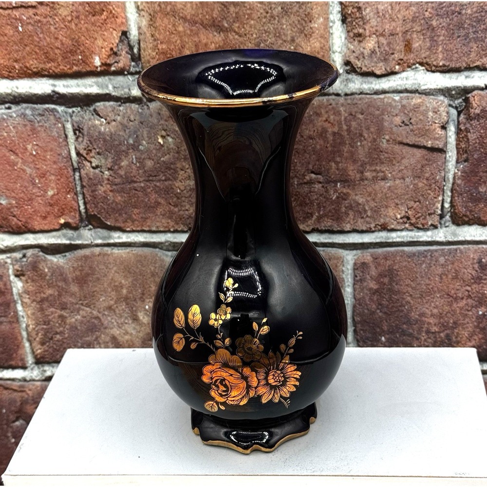 Vtg Cobalt Blue Gold Gilded‎ Floral Footed Vase Woulind Chile Signed Porcelain